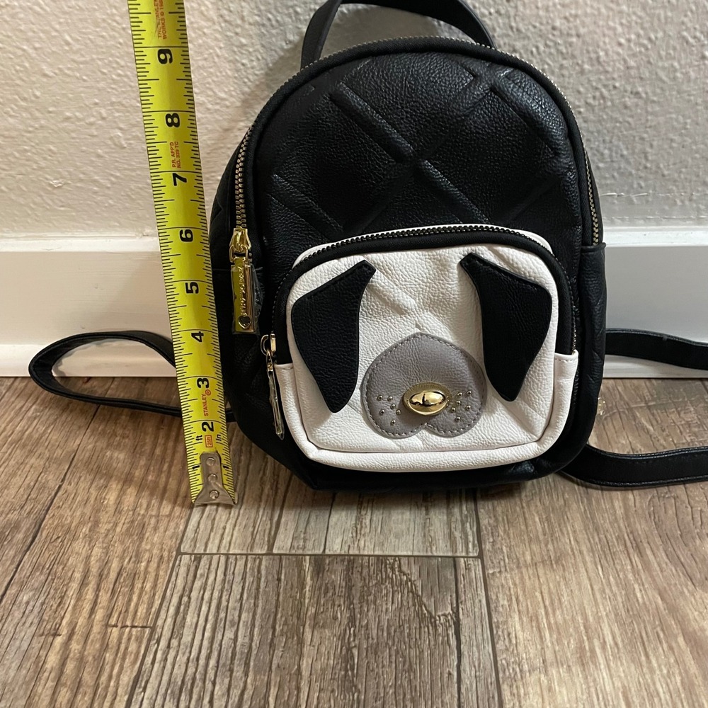 Betsey Johnson Pug Dog Mini Backpack Black Quilted Faux Leather Floral Lining‎ - Picture 7 of 8